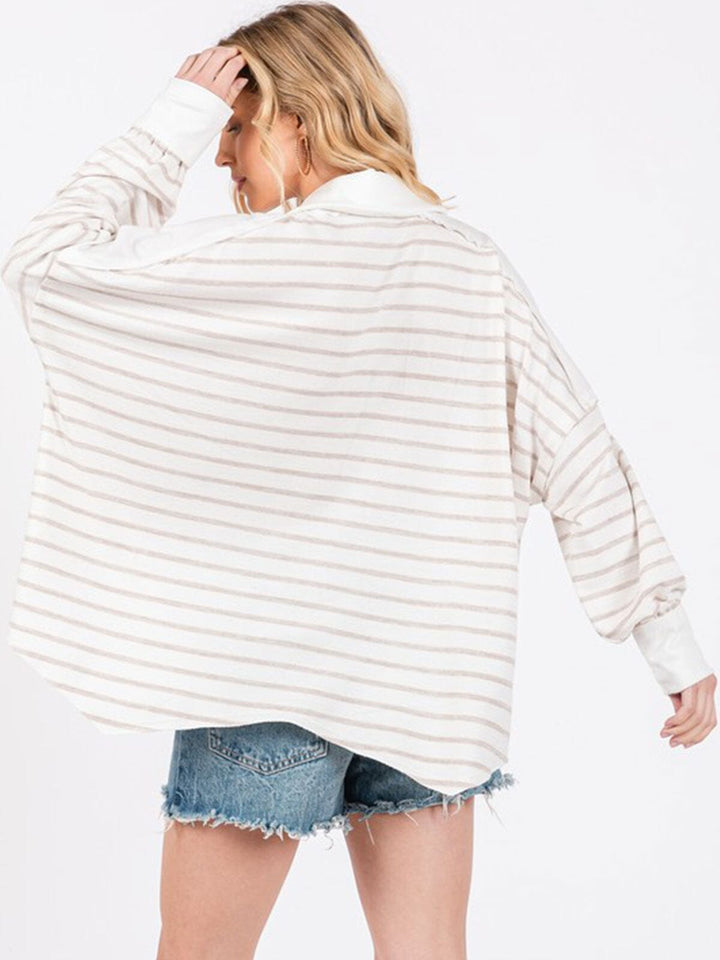 WOMEN'S LONG SLEEVE V-NECK STRIPES OVERSIZED TUNIC TOP