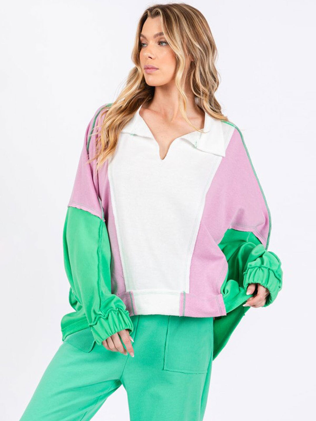 WOMEN'S LONG SLEEVE V-NECK COLORBLOCK HIGH-LOW OVERSIZED TOP