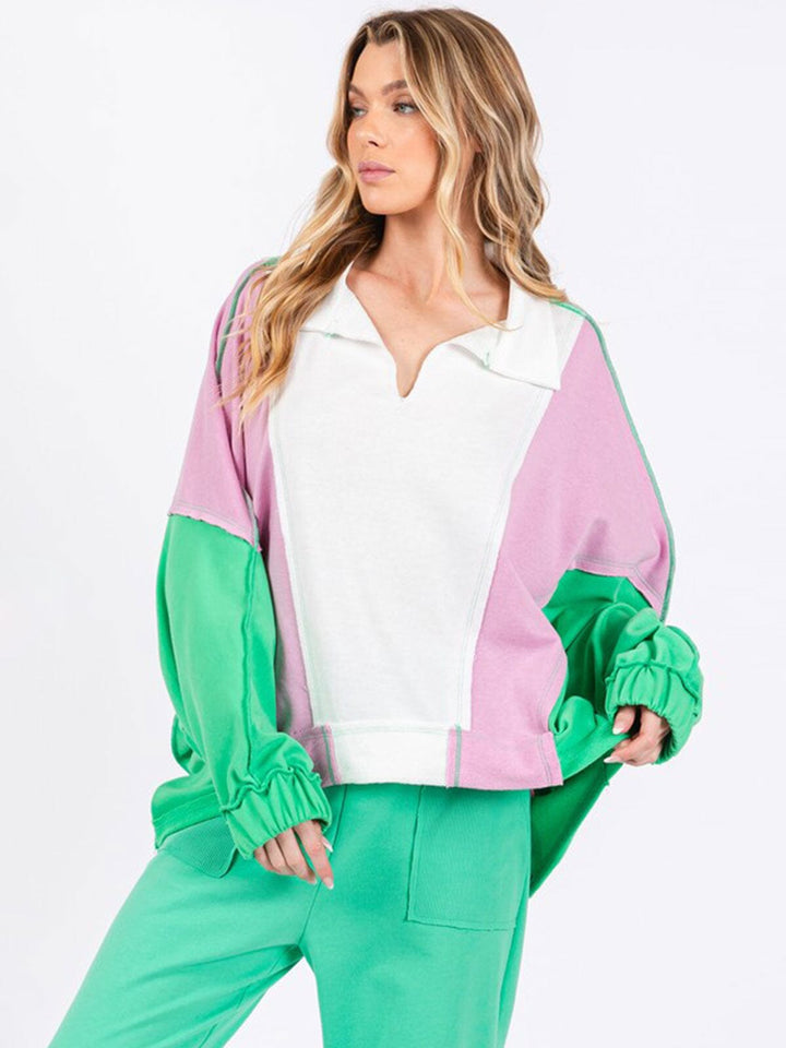 WOMEN'S LONG SLEEVE V-NECK COLORBLOCK HIGH-LOW OVERSIZED TOP