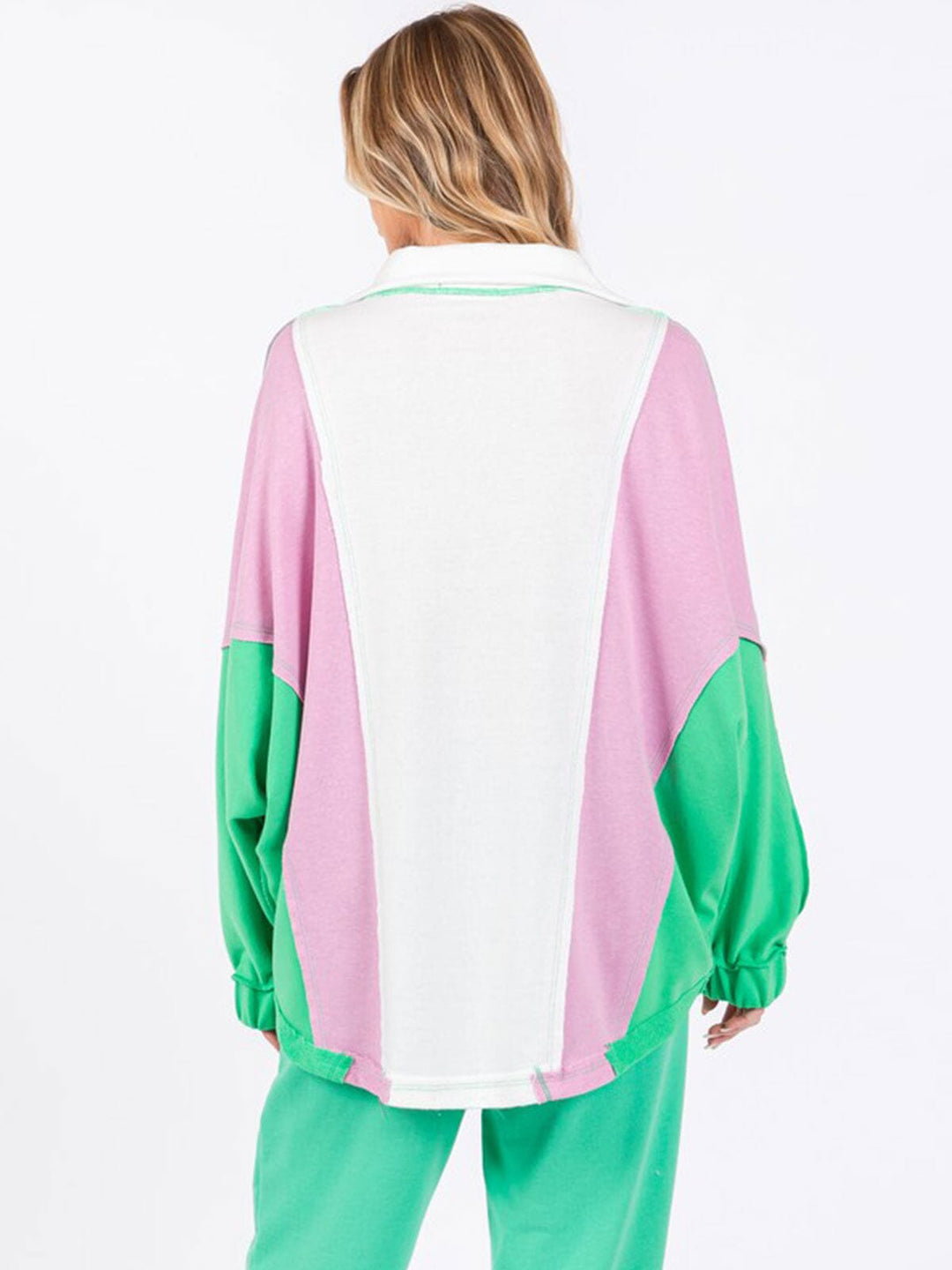 WOMEN'S LONG SLEEVE V-NECK COLORBLOCK HIGH-LOW OVERSIZED TOP