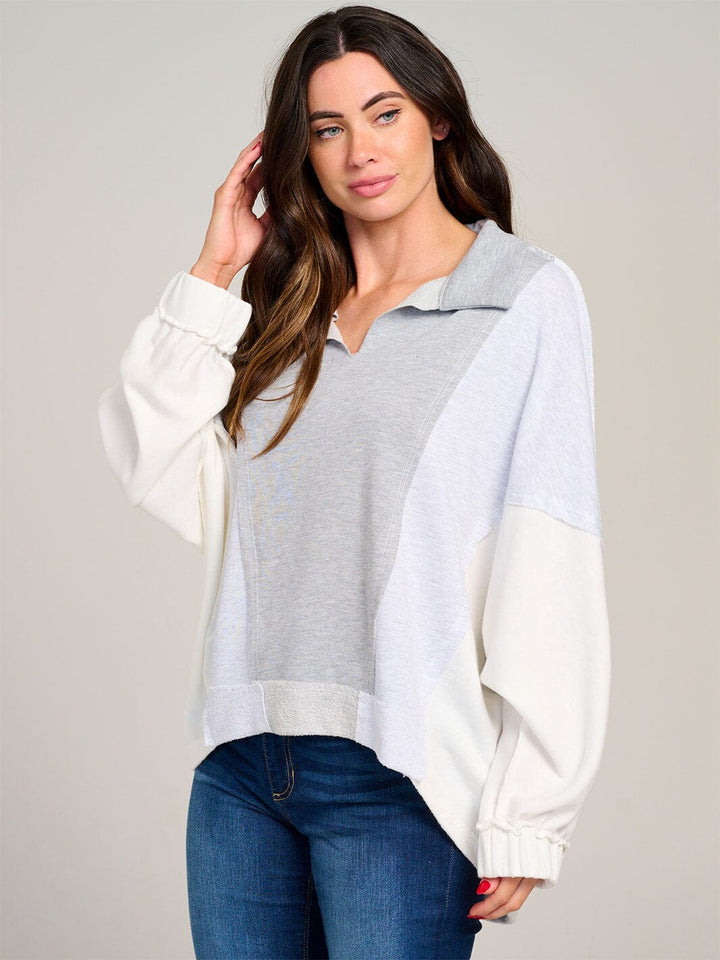 WOMEN'S LONG SLEEVE V-NECK HIGH-LOW-COLORBLOCK TOP