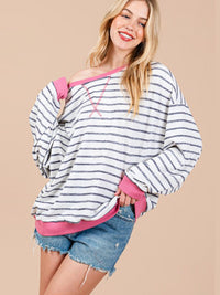 WOMEN'S LONG SLEEVE COLORBLOCK STRIPES OVERSIZED TOP