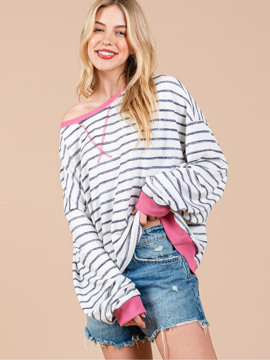 WOMEN'S LONG SLEEVE COLORBLOCK STRIPES OVERSIZED TOP