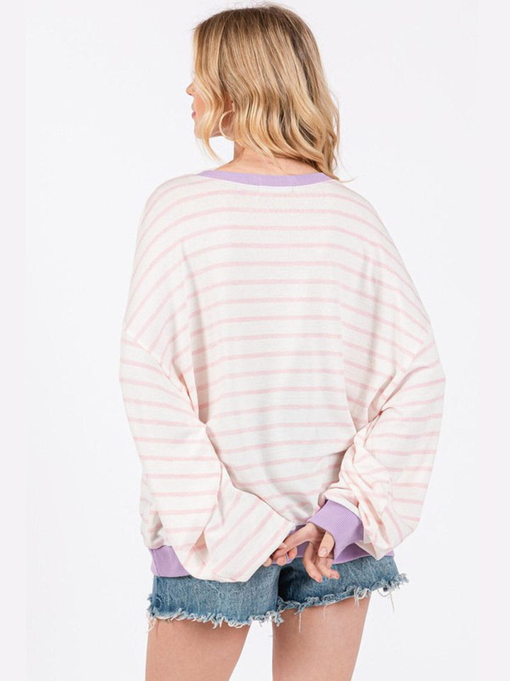 WOMEN'S LONG SLEEVE COLORBLOCK STRIPES OVERSIZED TOP