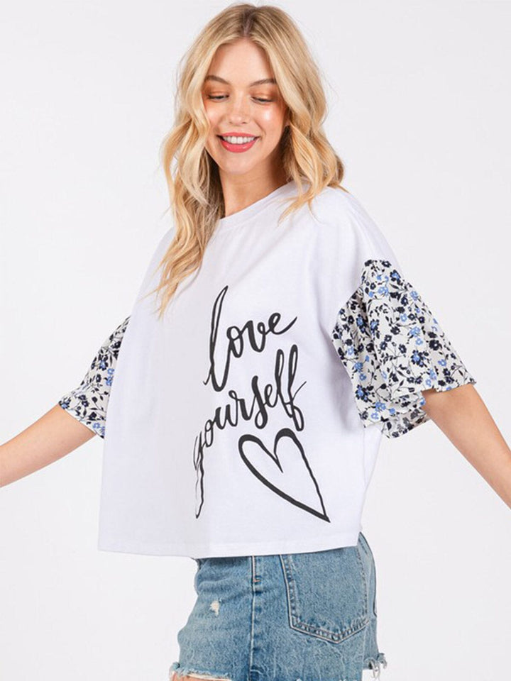 WOMEN'S SHORT FLORAL SLEEVE GRAPHIC TOP