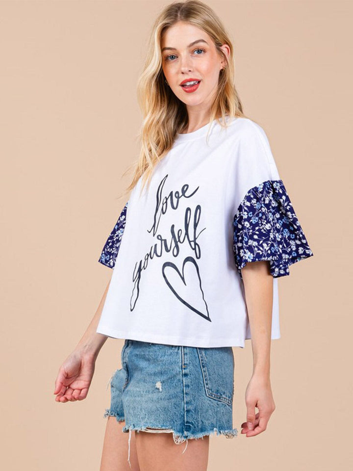 WOMEN'S SHORT FLORAL SLEEVE GRAPHIC TOP