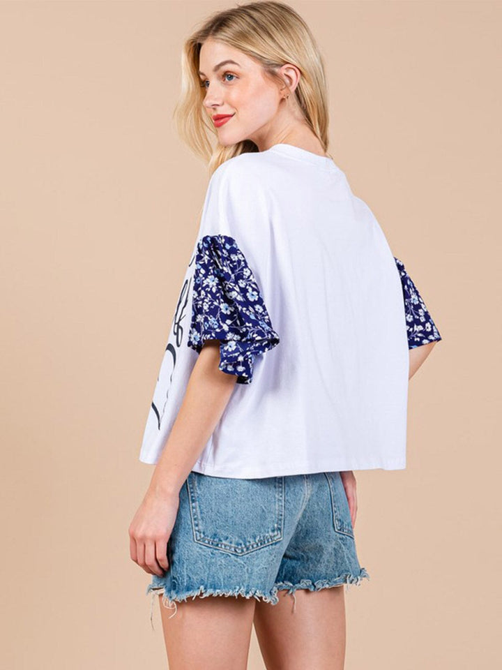 WOMEN'S SHORT FLORAL SLEEVE GRAPHIC TOP