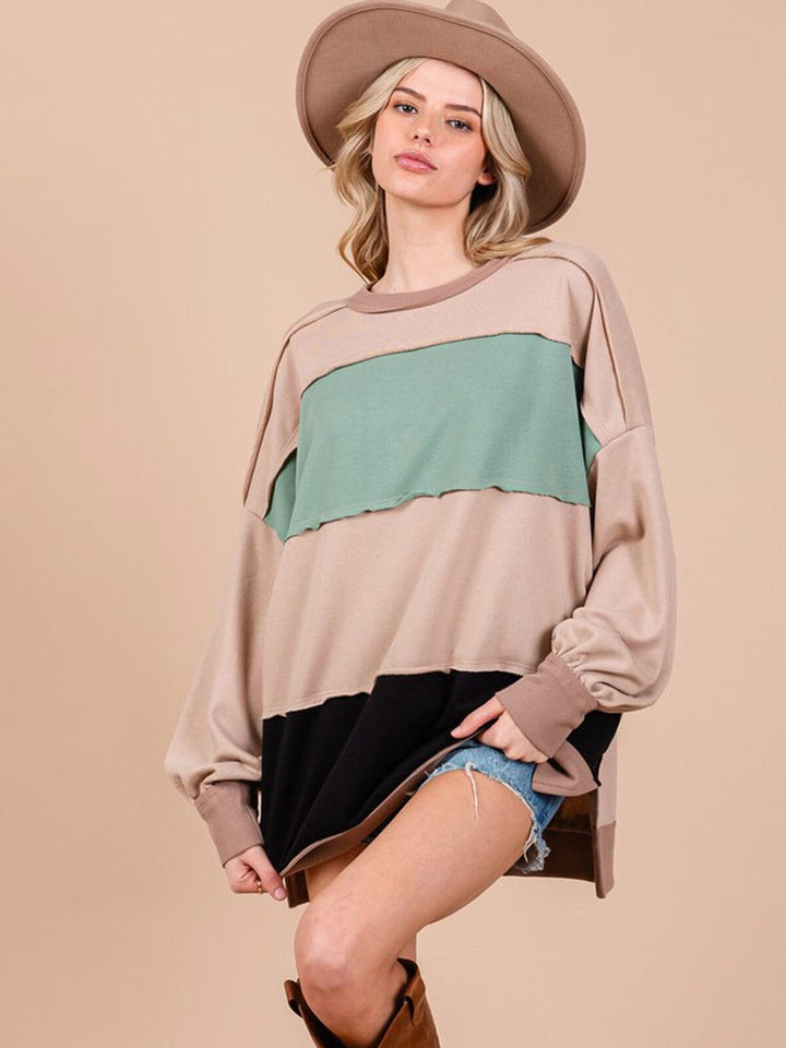 WOMEN'S LONG SLEEVE COLORBLOCK OVERSIZED PULLOVER SWEATER