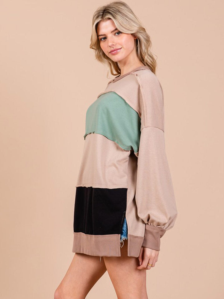 WOMEN'S LONG SLEEVE COLORBLOCK OVERSIZED PULLOVER SWEATER
