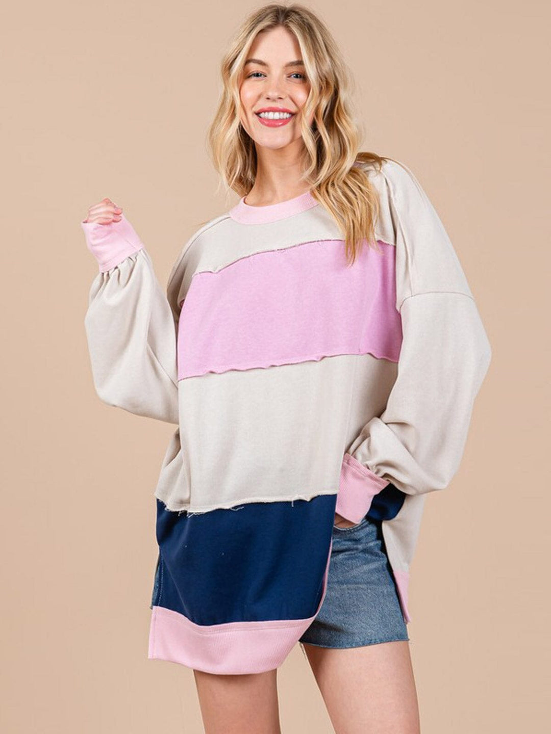 WOMEN'S LONG SLEEVE COLORBLOCK OVERSIZED PULLOVER SWEATER