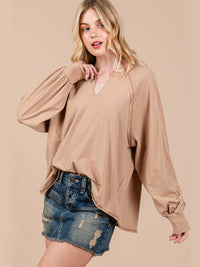 WOMEN'S LONG SLEEVE V-NECK HIGH LOW OVERSIZED TOP
