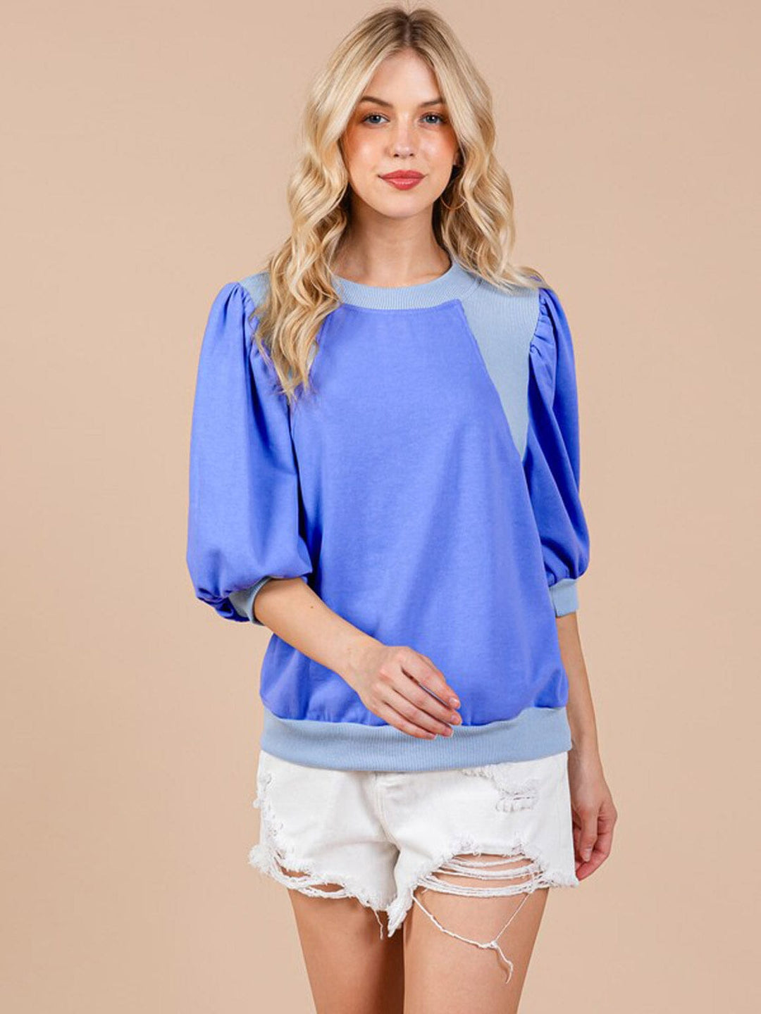 WOMEN'S SHORT PUFF SLEEVE TWO TONE BLOUSE