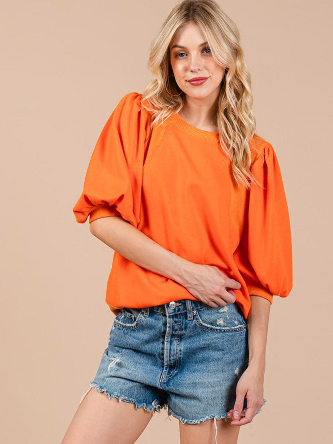 WOMEN'S SHORT PUFF SLEEVE TWO TONE BLOUSE