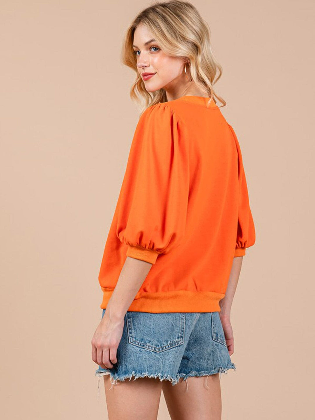 WOMEN'S SHORT PUFF SLEEVE TWO TONE BLOUSE