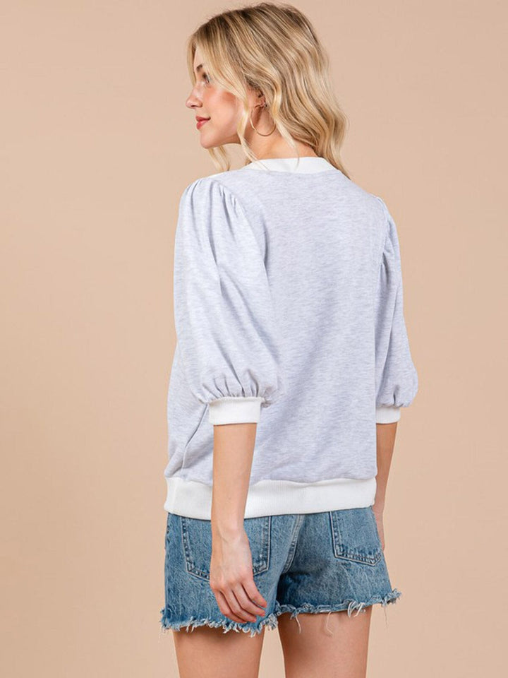 WOMEN'S SHORT PUFF SLEEVE TWO TONE BLOUSE