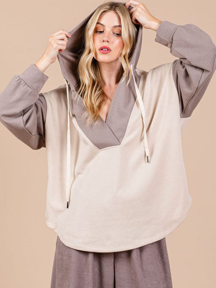 WOMEN'S LONG SLEEVE V-NECK HOODED COLORBLOCK OVERSIZED TOP