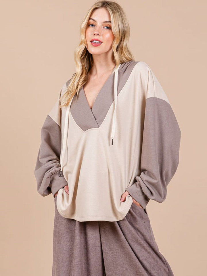 WOMEN'S LONG SLEEVE V-NECK HOODED COLORBLOCK OVERSIZED TOP