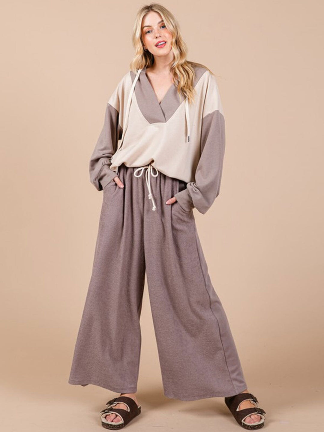 WOMEN'S LONG SLEEVE V-NECK HOODED COLORBLOCK OVERSIZED TOP