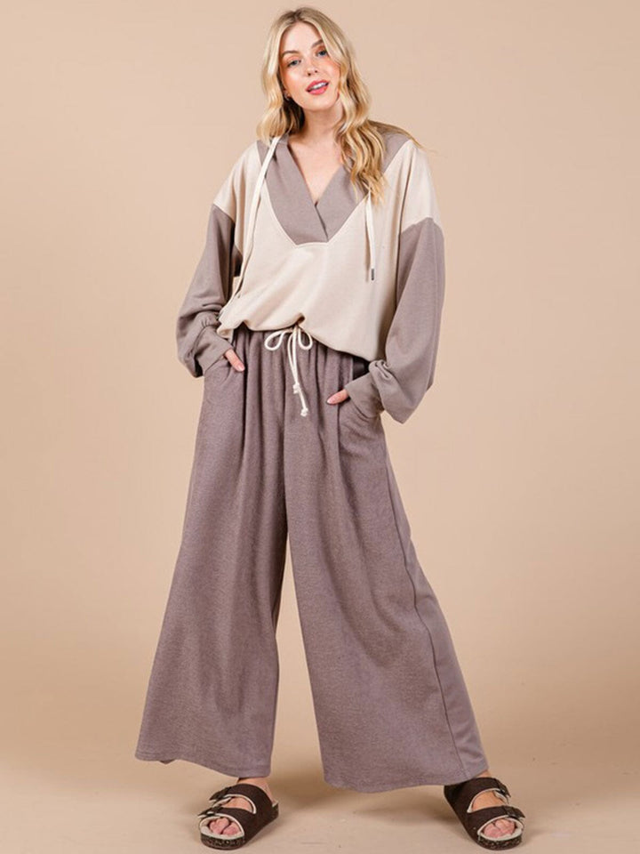 WOMEN'S LONG SLEEVE V-NECK HOODED COLORBLOCK OVERSIZED TOP