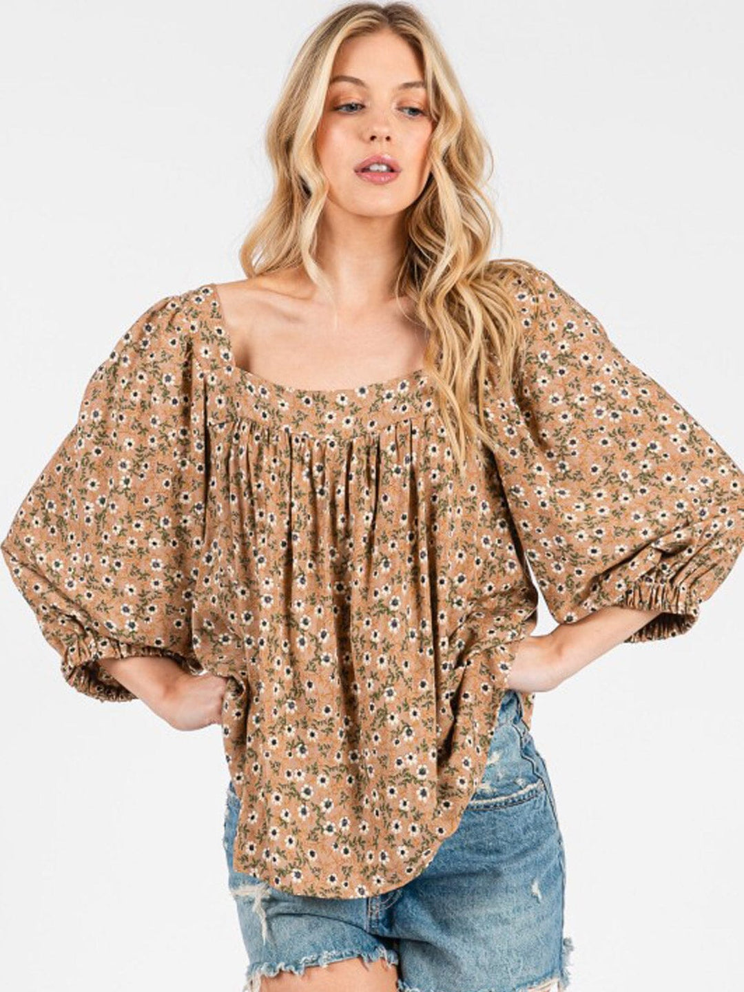 WOMEN'S 3/4 SLEEVE SQUARE NECK FLORAL TUNIC BLOUSE