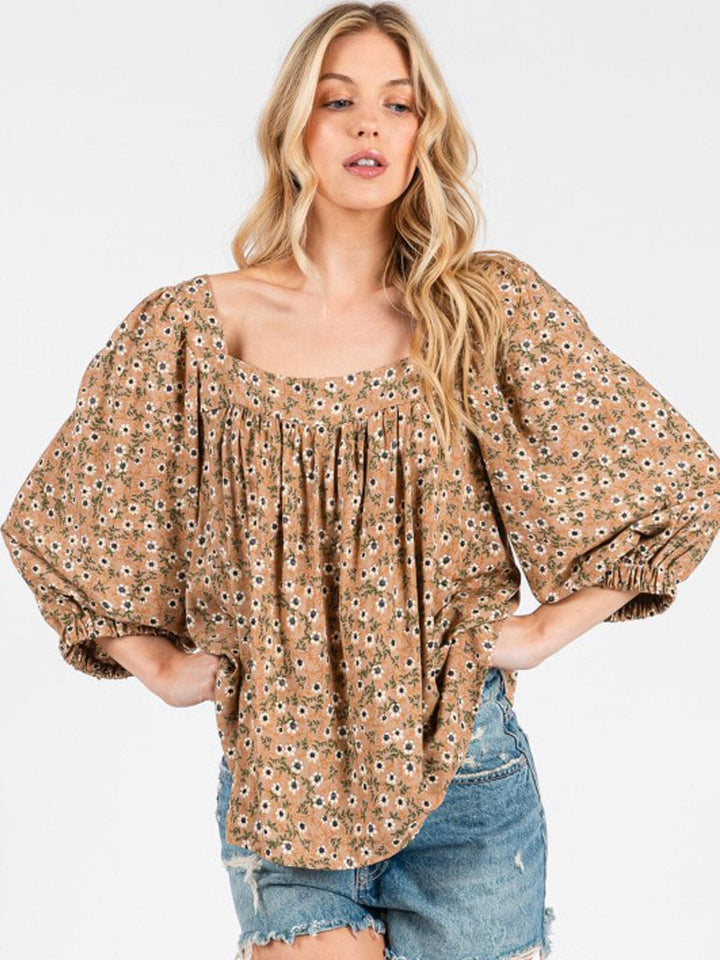 WOMEN'S 3/4 SLEEVE SQUARE NECK FLORAL TUNIC BLOUSE