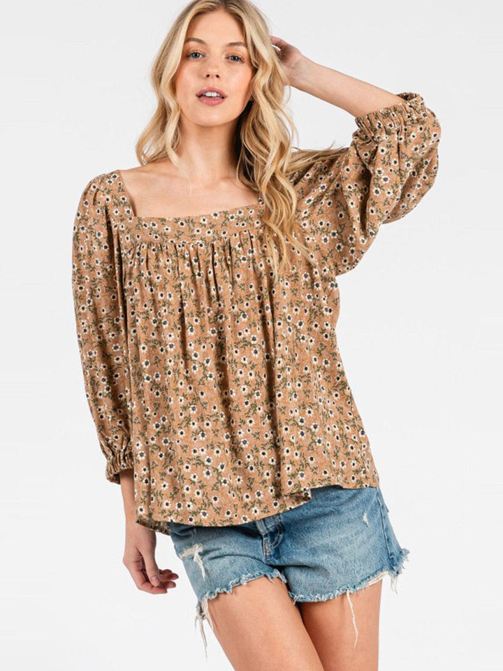WOMEN'S 3/4 SLEEVE SQUARE NECK FLORAL TUNIC BLOUSE