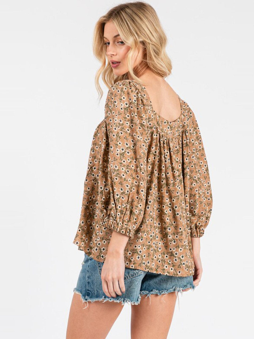 WOMEN'S 3/4 SLEEVE SQUARE NECK FLORAL TUNIC BLOUSE