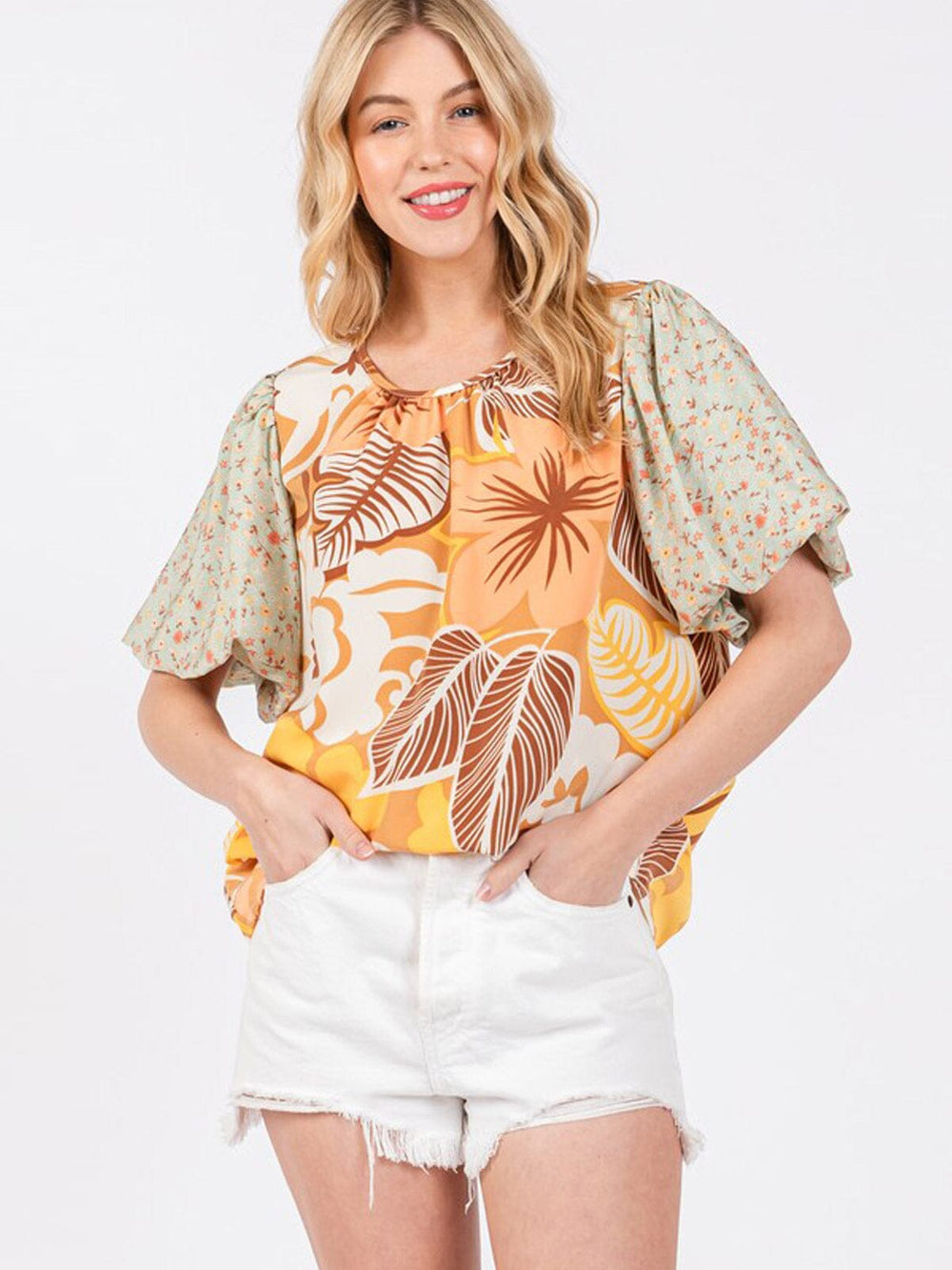 WOMEN'S SHORT PUFF SLEEVE FLORAL PRINT TUNIC BLOUSE