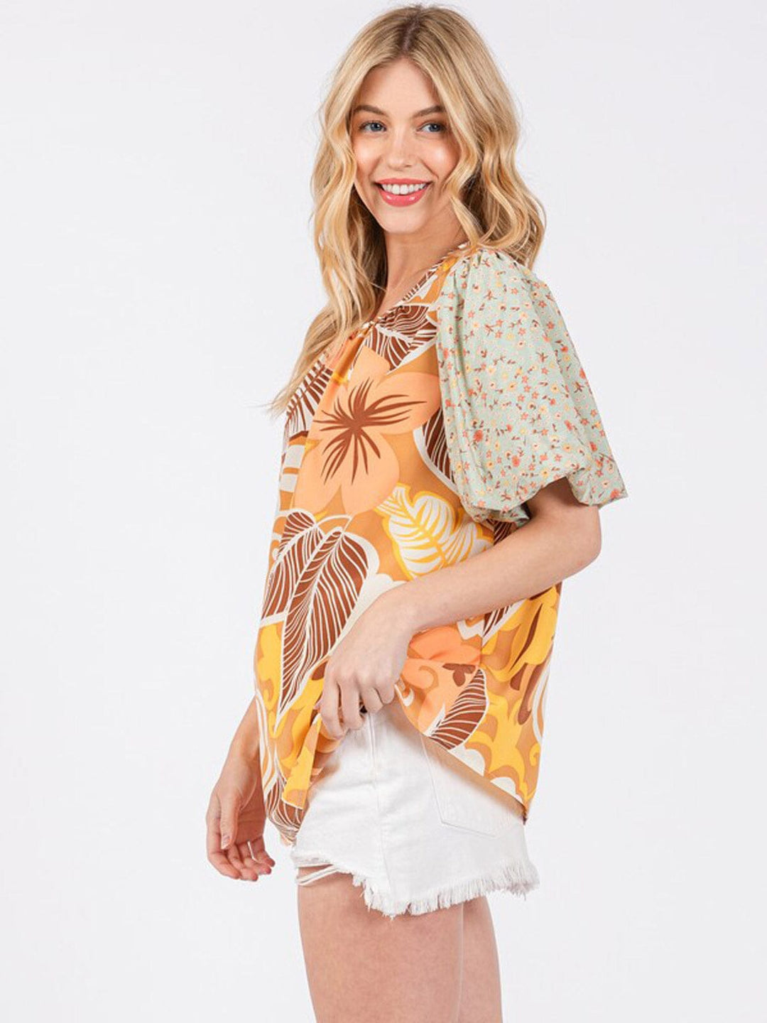 WOMEN'S SHORT PUFF SLEEVE FLORAL PRINT TUNIC BLOUSE
