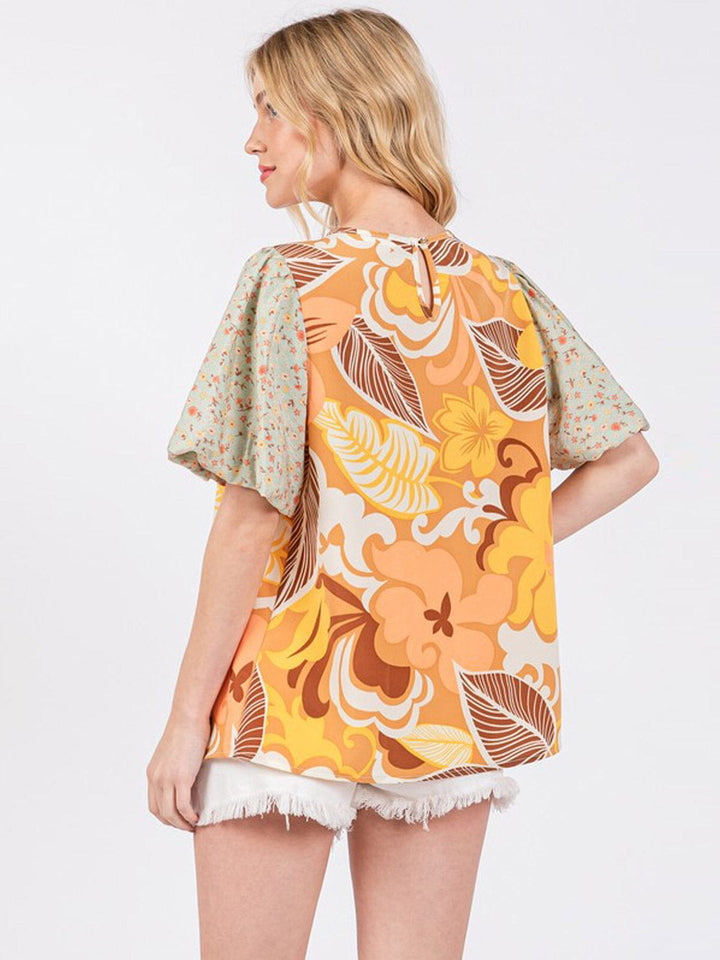 WOMEN'S SHORT PUFF SLEEVE FLORAL PRINT TUNIC BLOUSE