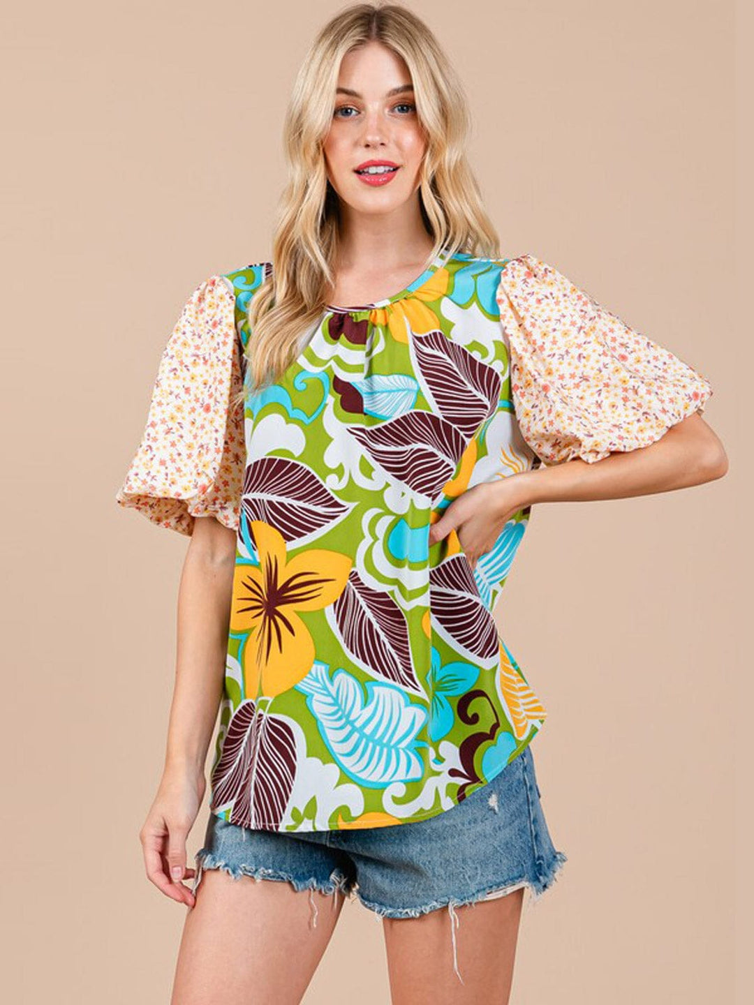 WOMEN'S SHORT PUFF SLEEVE FLORAL PRINT TUNIC BLOUSE