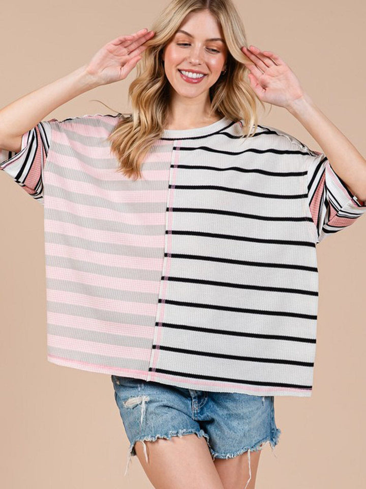 WOMEN'S SHORT SLEEVE COLORBLOCK STRIPES OVERSIZED TOP