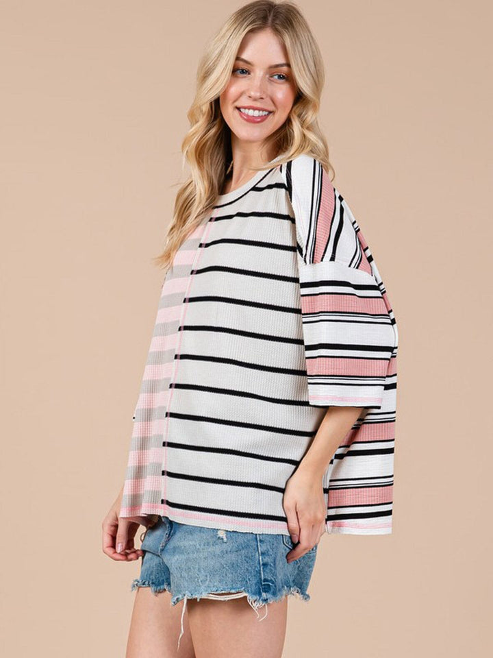 WOMEN'S SHORT SLEEVE COLORBLOCK STRIPES OVERSIZED TOP