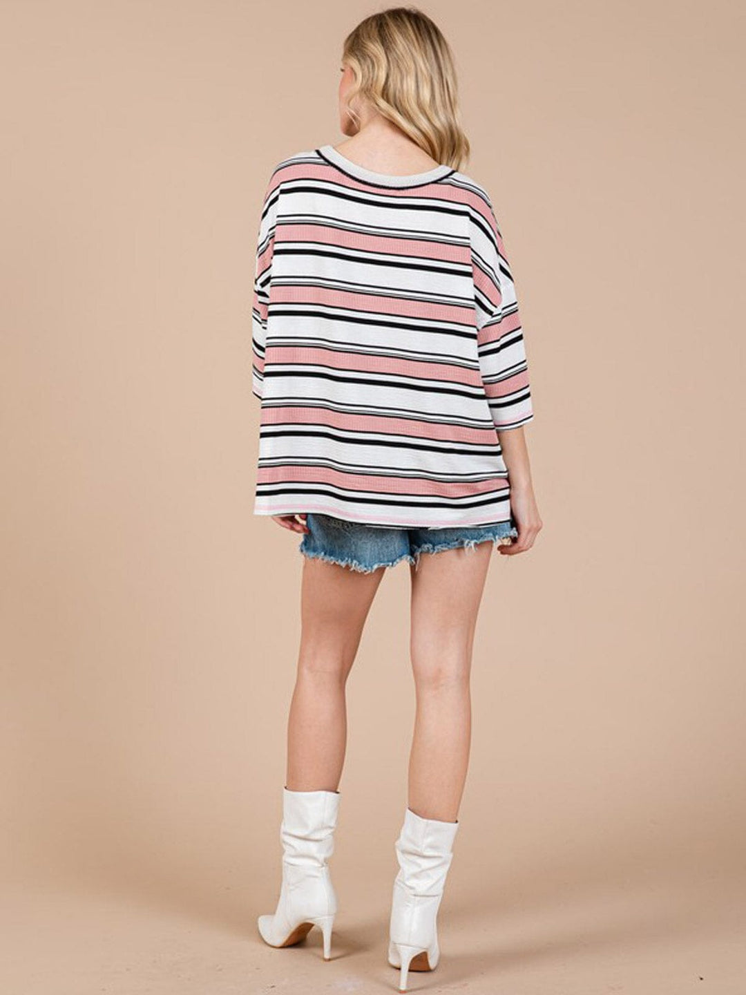 WOMEN'S SHORT SLEEVE COLORBLOCK STRIPES OVERSIZED TOP