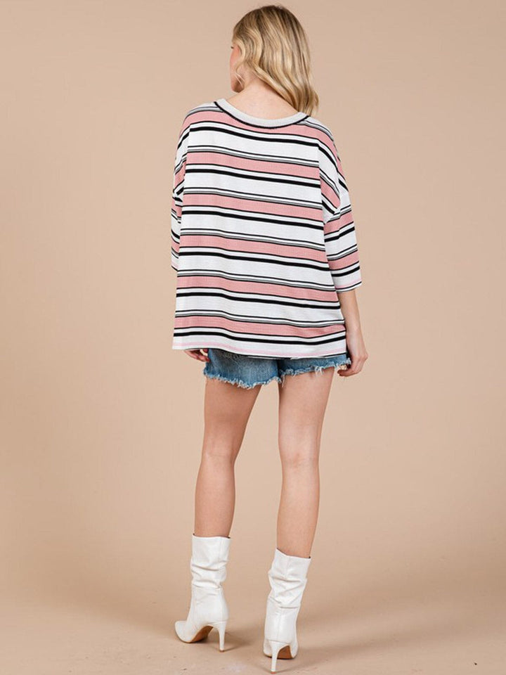 WOMEN'S SHORT SLEEVE COLORBLOCK STRIPES OVERSIZED TOP