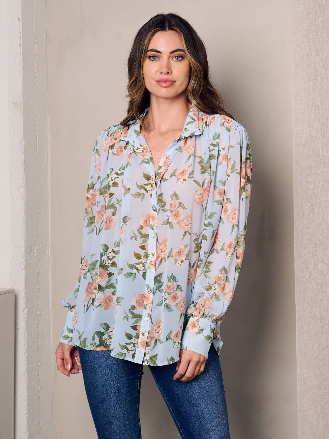 WOMEN'S LONG SLEEVE BUTTON UP FLORAL BLOUSE TOP