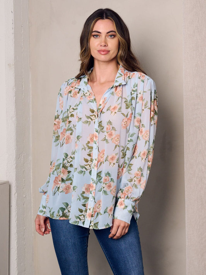 WOMEN'S LONG SLEEVE BUTTON UP FLORAL BLOUSE TOP