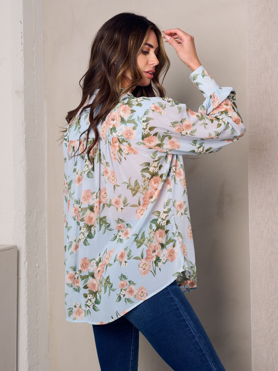 WOMEN'S LONG SLEEVE BUTTON UP FLORAL BLOUSE TOP