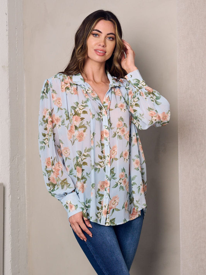 WOMEN'S LONG SLEEVE BUTTON UP FLORAL BLOUSE TOP