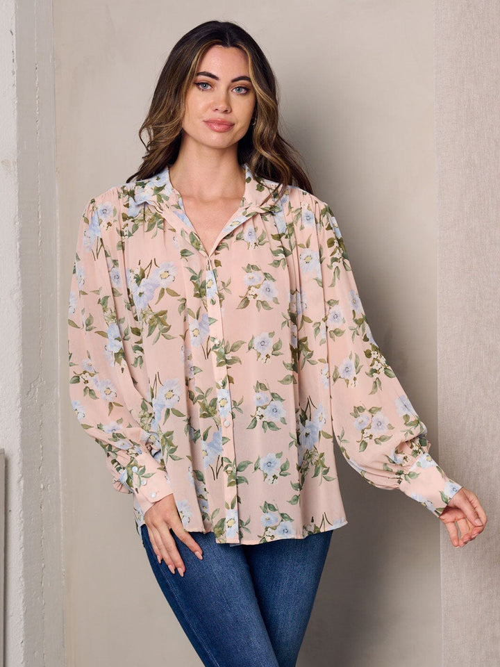 WOMEN'S LONG SLEEVE BUTTON UP FLORAL BLOUSE TOP