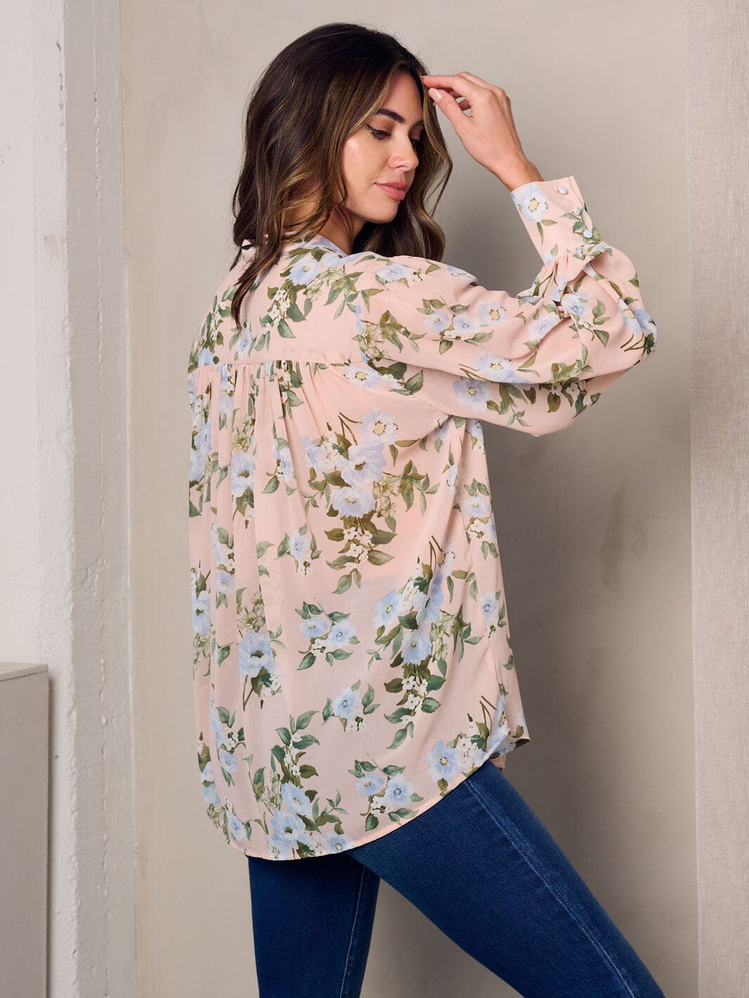 WOMEN'S LONG SLEEVE BUTTON UP FLORAL BLOUSE TOP