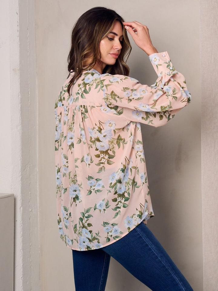 WOMEN'S LONG SLEEVE BUTTON UP FLORAL BLOUSE TOP