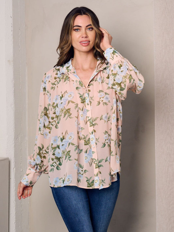 WOMEN'S LONG SLEEVE BUTTON UP FLORAL BLOUSE TOP