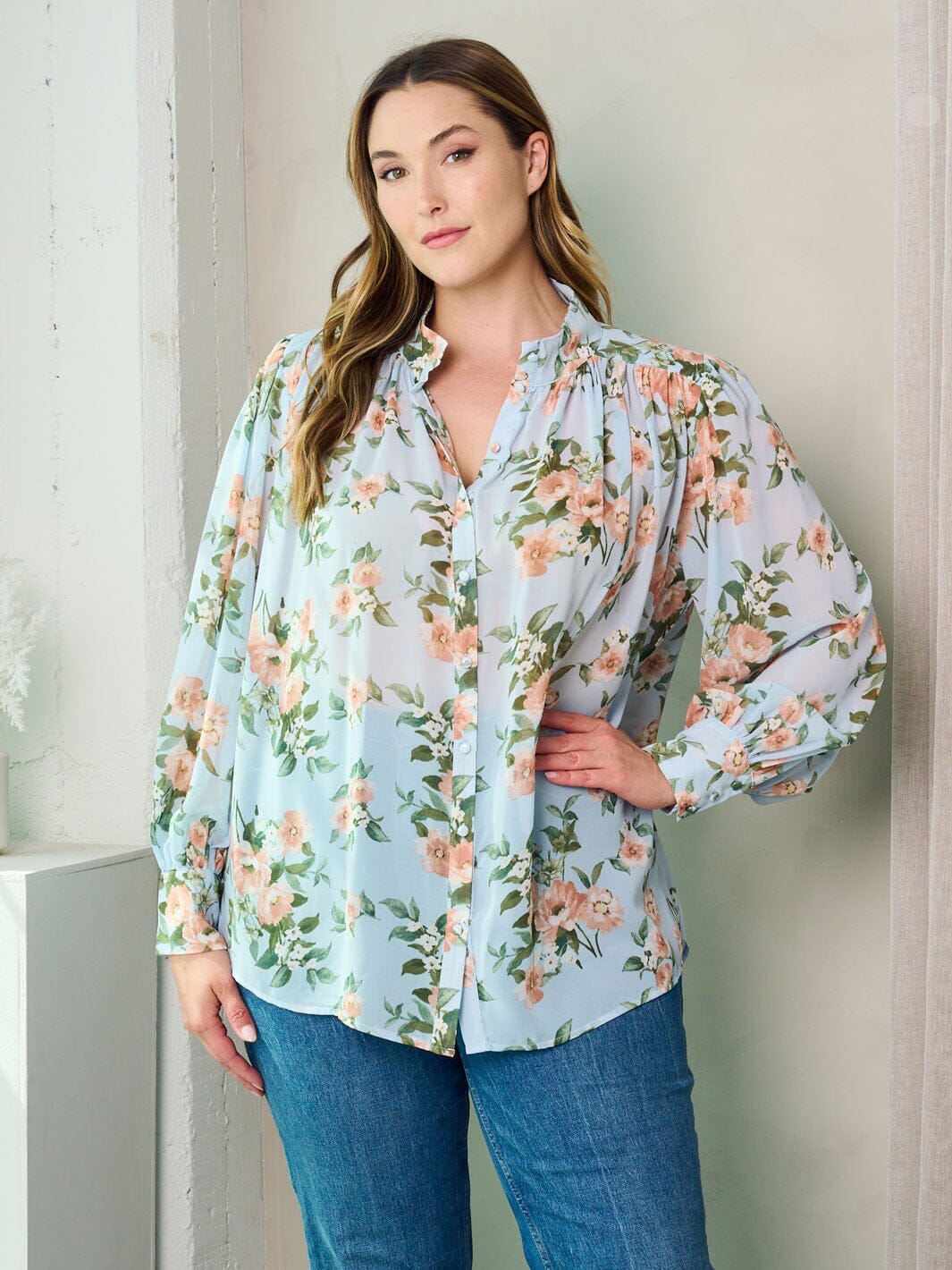 PLUS SIZE LONG SLEEVE BUTTON UP FLORAL BLOUSE TOP