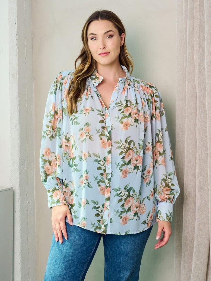 PLUS SIZE LONG SLEEVE BUTTON UP FLORAL BLOUSE TOP