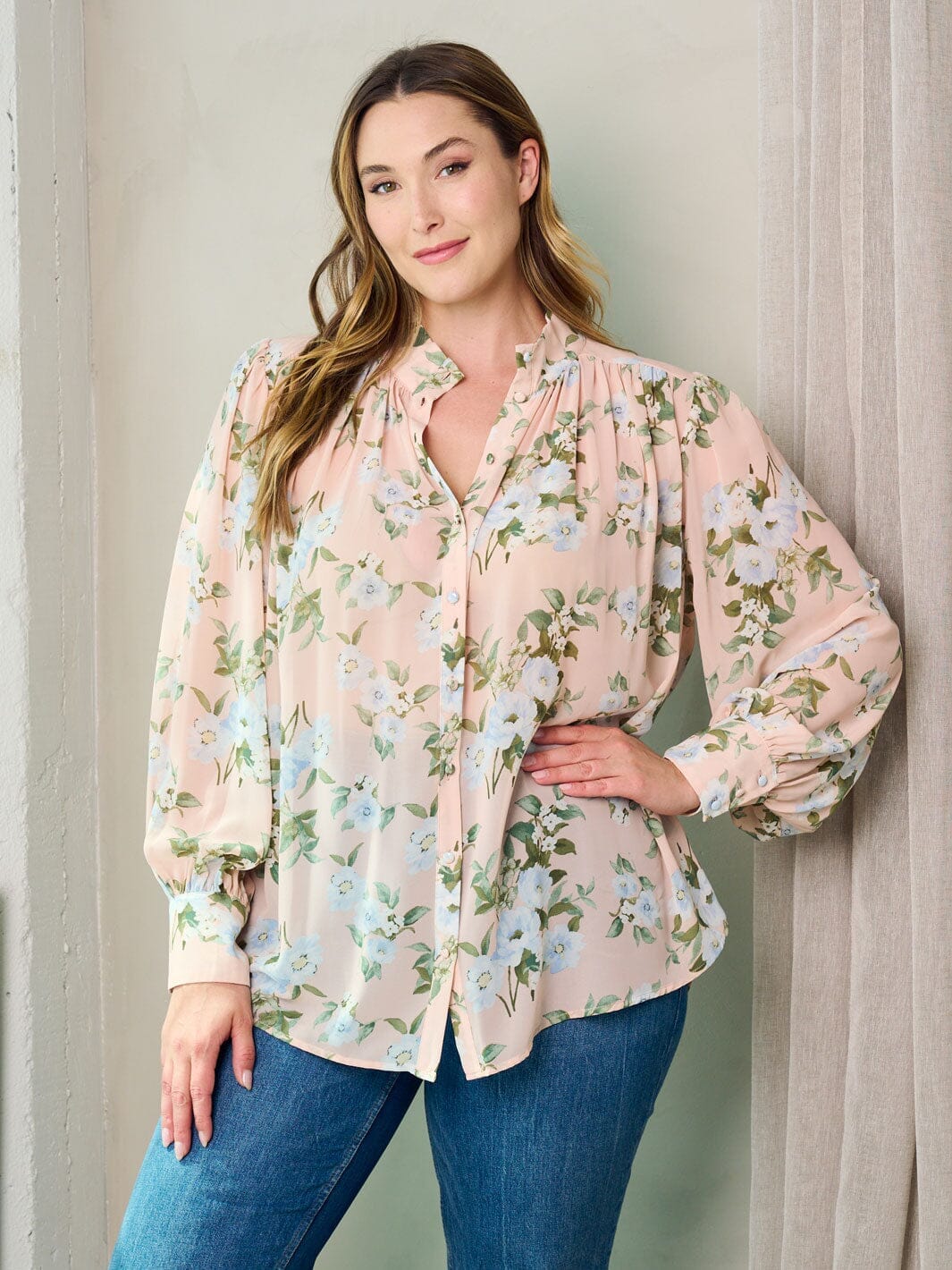 PLUS SIZE LONG SLEEVE BUTTON UP FLORAL BLOUSE TOP