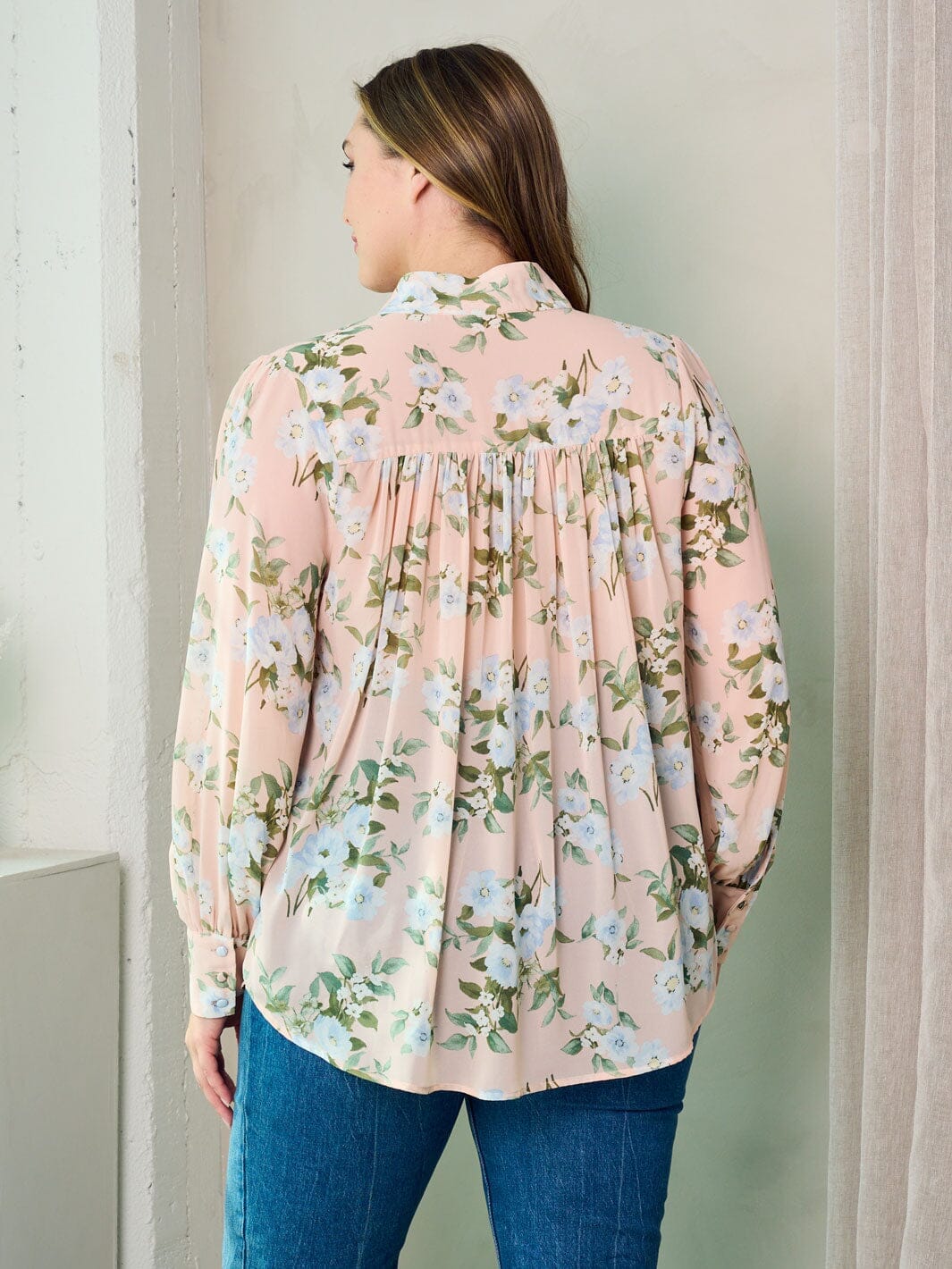 PLUS SIZE LONG SLEEVE BUTTON UP FLORAL BLOUSE TOP