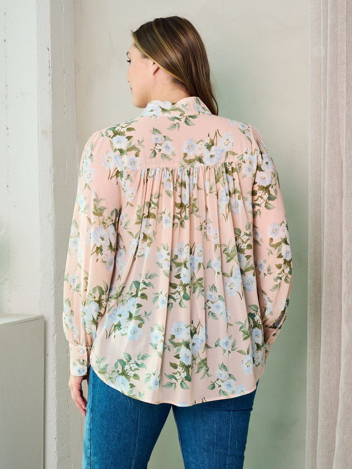 PLUS SIZE LONG SLEEVE BUTTON UP FLORAL BLOUSE TOP