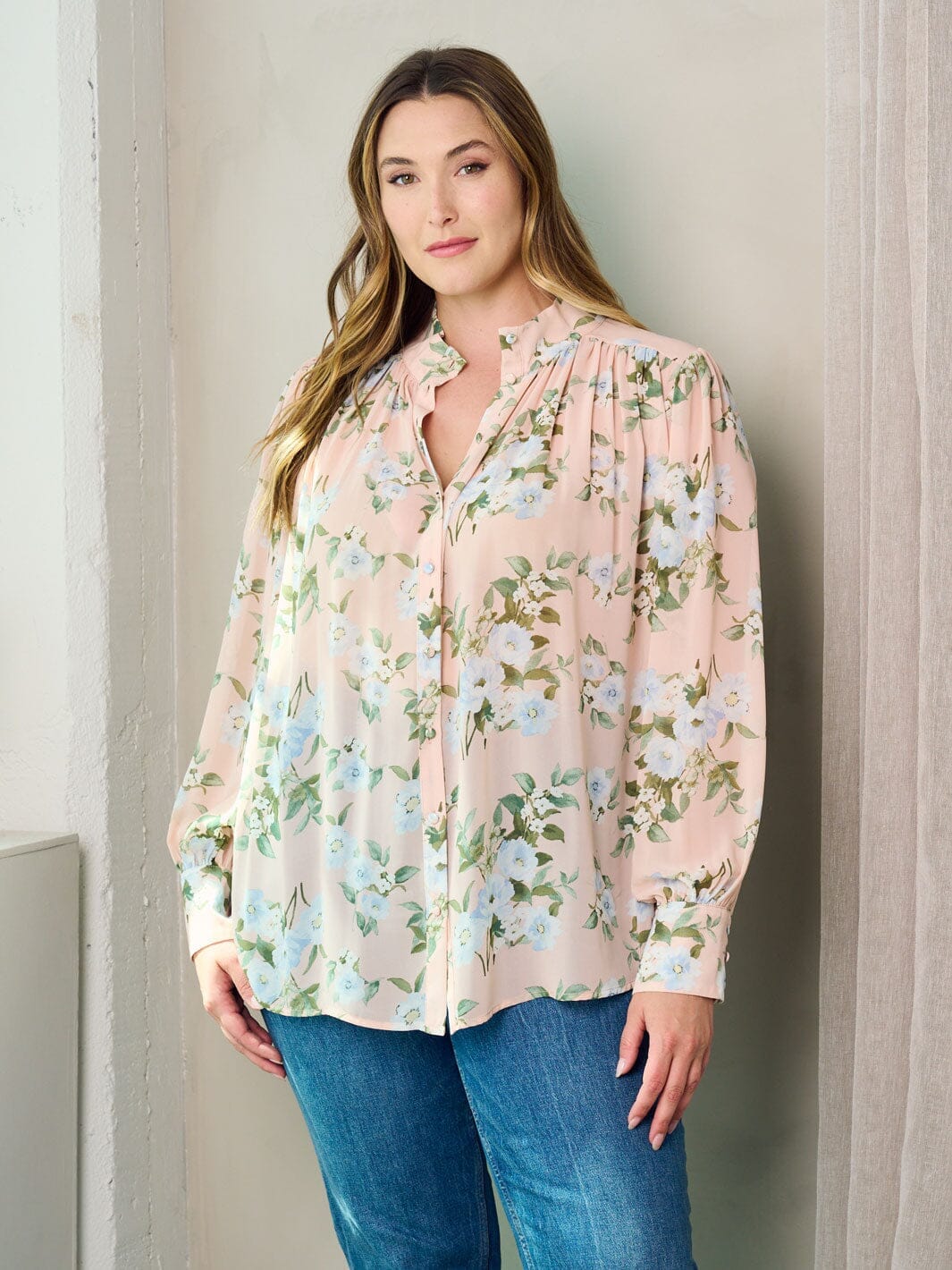 PLUS SIZE LONG SLEEVE BUTTON UP FLORAL BLOUSE TOP