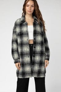 WOMEN'S LONG SLEEVE BUTTON CLOSURE FRONT POCKETS PLAID COAT